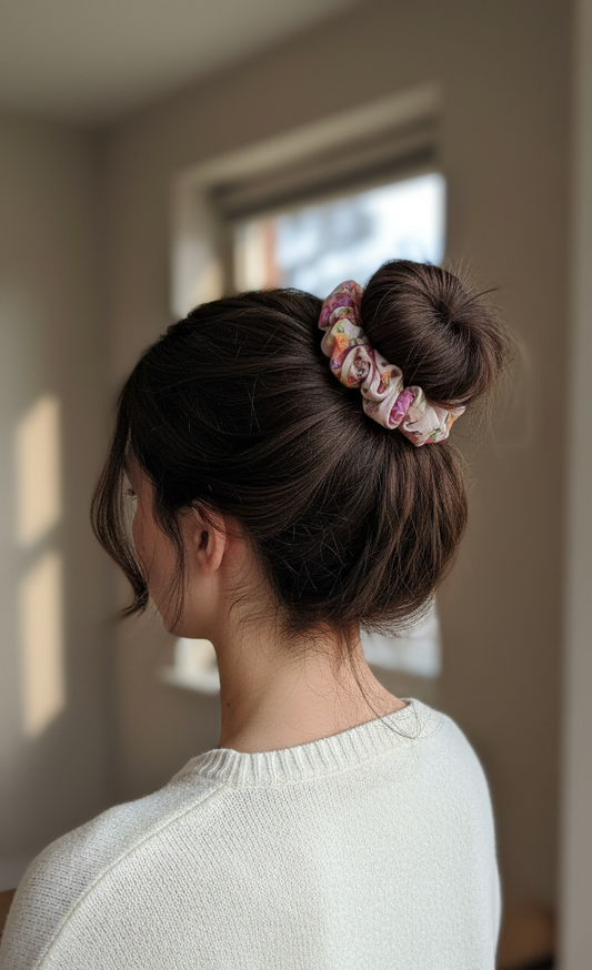 Floral Sheer Organza Scrunchie – Elegant Oversized Hair Accessory in Peachy Pink with Botanical Print