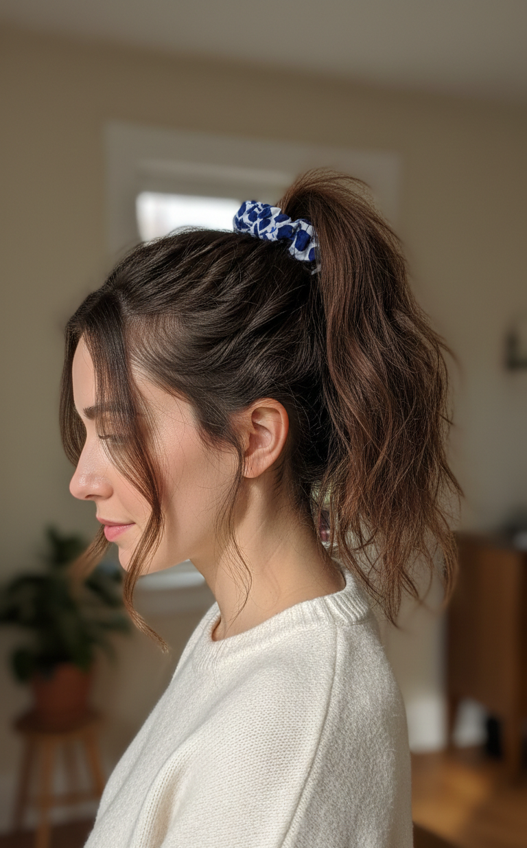 Blue and White Floral Scrunchie | Handmade Cotton Hair Accessory | Eco-Friendly Hair Tie for Women & Girls