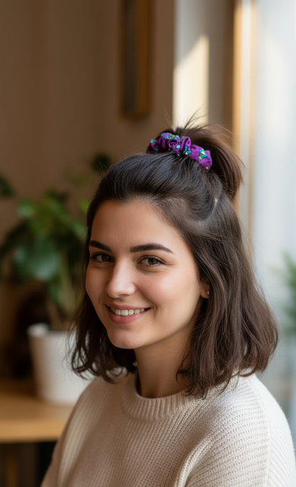 Vibrant Magenta & Teal Abstract Pattern Scrunchie | Retro Boho Hair