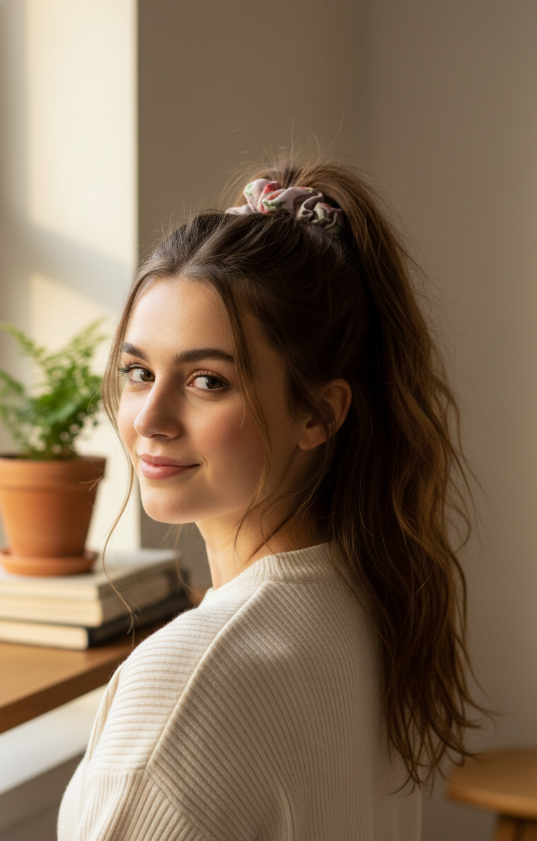 Vintage Floral Satin Scrunchie – Dusty Rose Pink Hair Accessory with Botanical Bloom Print