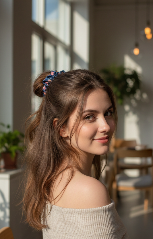 Vintage Floral Navy Blue Satin Scrunchie – Handmade Hair Elastic for Thick or Thin Hair – Soft Pink Rose Pattern Hair Accessory