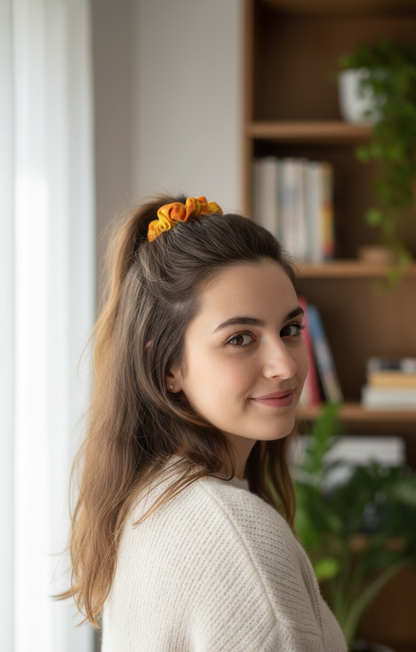 Sunset Orange and Yellow Plaid Scrunchie | Handmade Fabric Hair Tie with Gold Accents