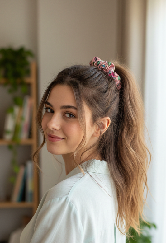 Soft Pink Floral Scrunchie - Gentle Elastic Hair Accessory