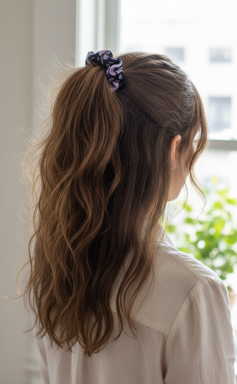 Geometric Abstract Print Scrunchie in Purple and Black | Soft Fabric Hair Accessory