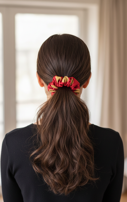 Luxury Red and Gold Polka Dot Satin Scrunchie – Handmade Oversized Hair Accessory for Women