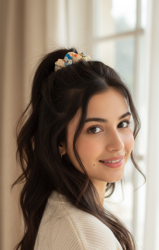 Doraemon Print Satin Scrunchie | Cute Anime Hair Accessory for Kids & Adults