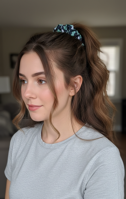 Emerald & Teal Abstract Camo Scrunchie | Satin-Finish No-Snag Elastic Hair Tie