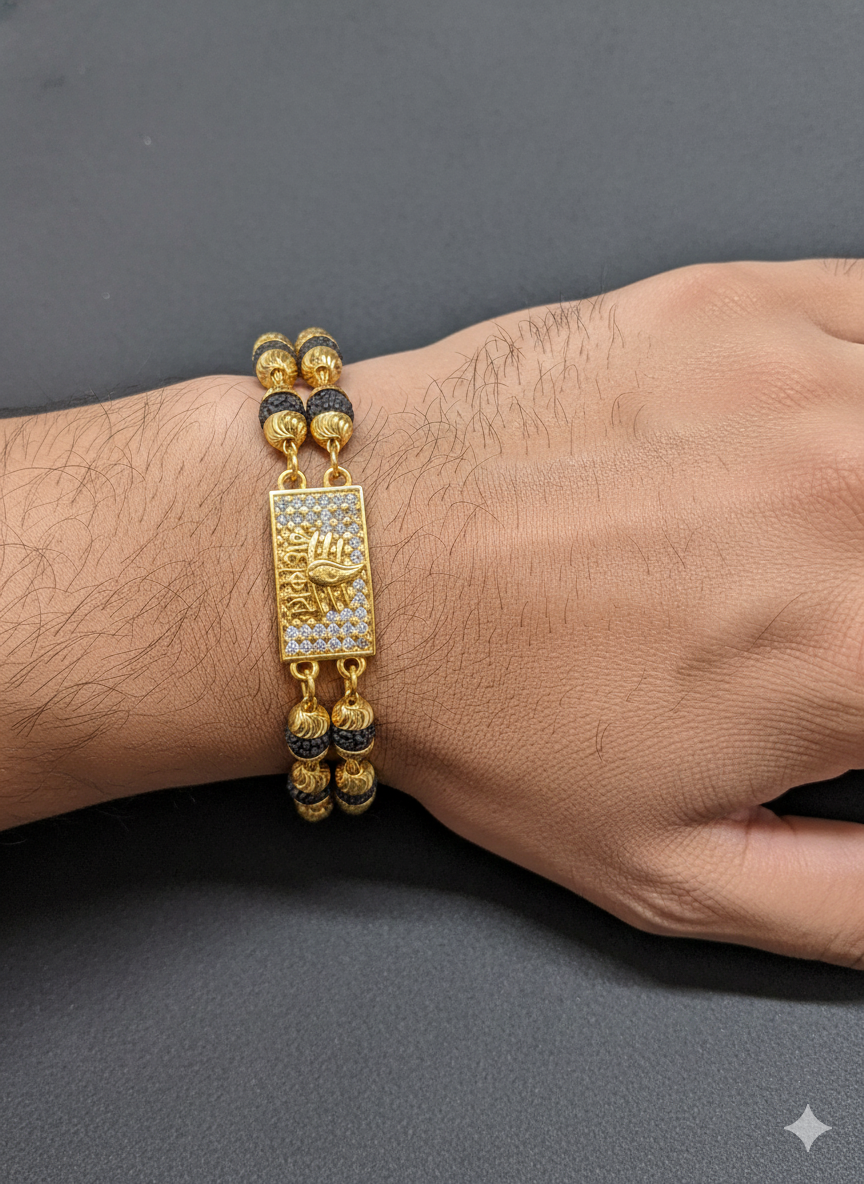 Gold & Rudraksha Beaded Bracelet with Diamond-Studded Spiritual Motif