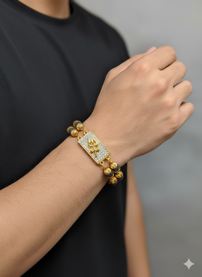 Gold Plated Rudraksha Men's Bracelet with CZ Diamond 'Trishul' Charm | Spiritual & Stylish Jewelry