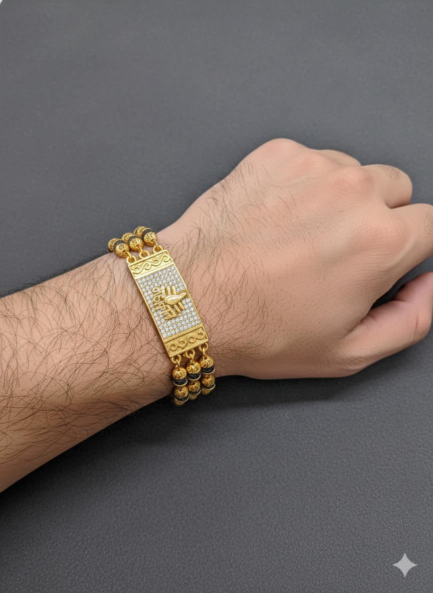Luxurious Gold Plated Diamond Mahakal Bracelet for Men - Black Bead Multi-Strand Kada/Wristband