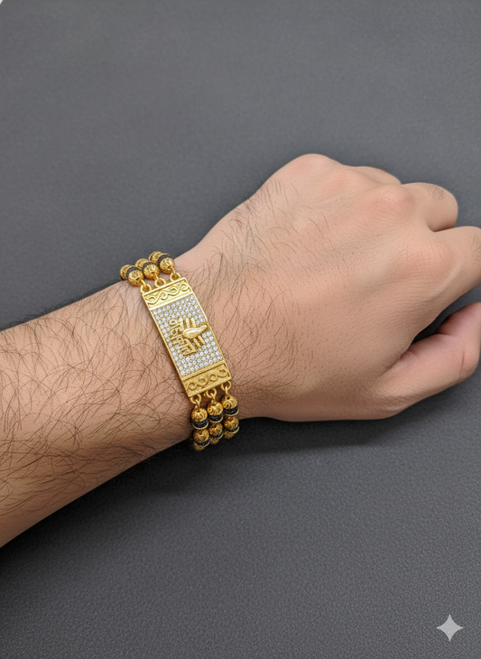 Luxurious Gold Plated Diamond Mahakal Bracelet for Men - Black Bead Multi-Strand Kada/Wristband