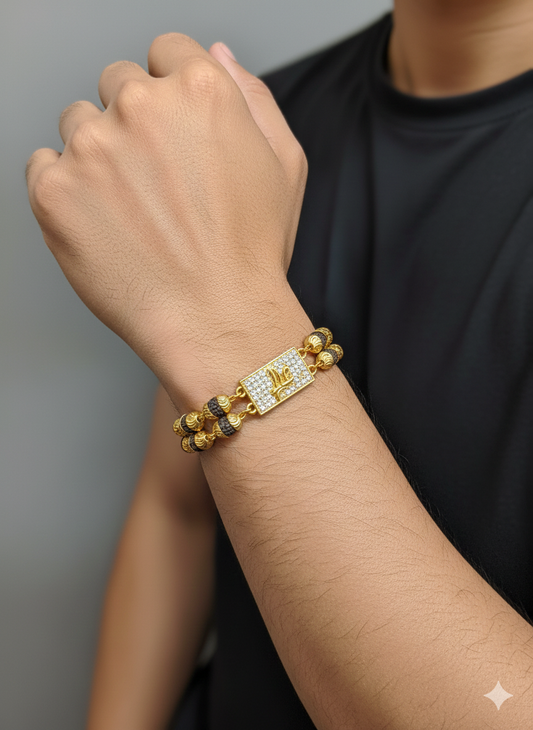 Gold Plated Rudraksha Men's Bracelet with CZ Diamond