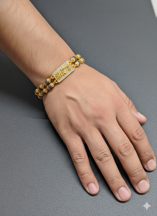 Men's Gold Plated Bead Bracelet with CZ Diamond Bar - Luxury Gift for Him