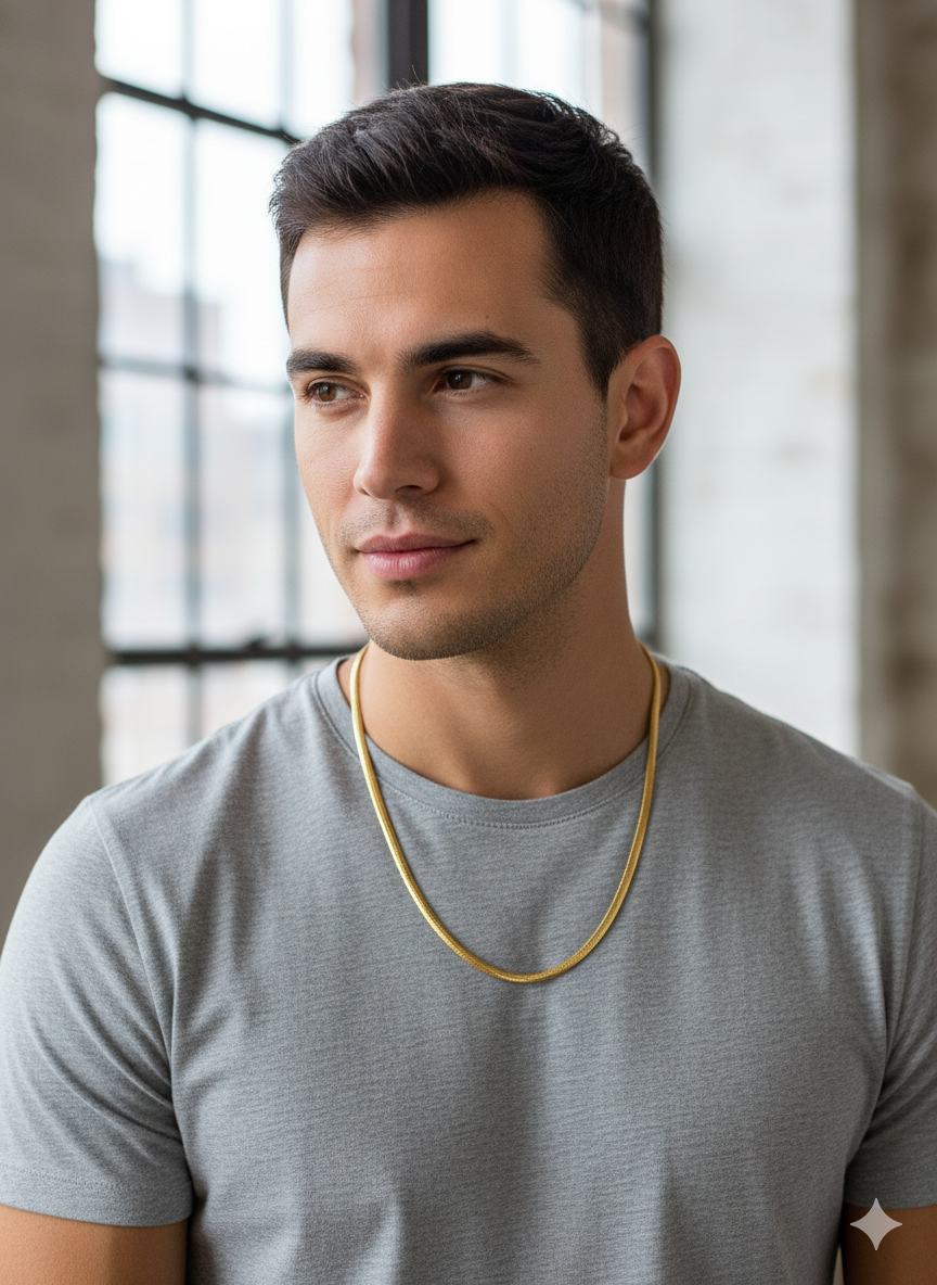 18K Gold Plated Men's Herringbone Snake Chain Necklace | Flat Stainless Steel Classic Style