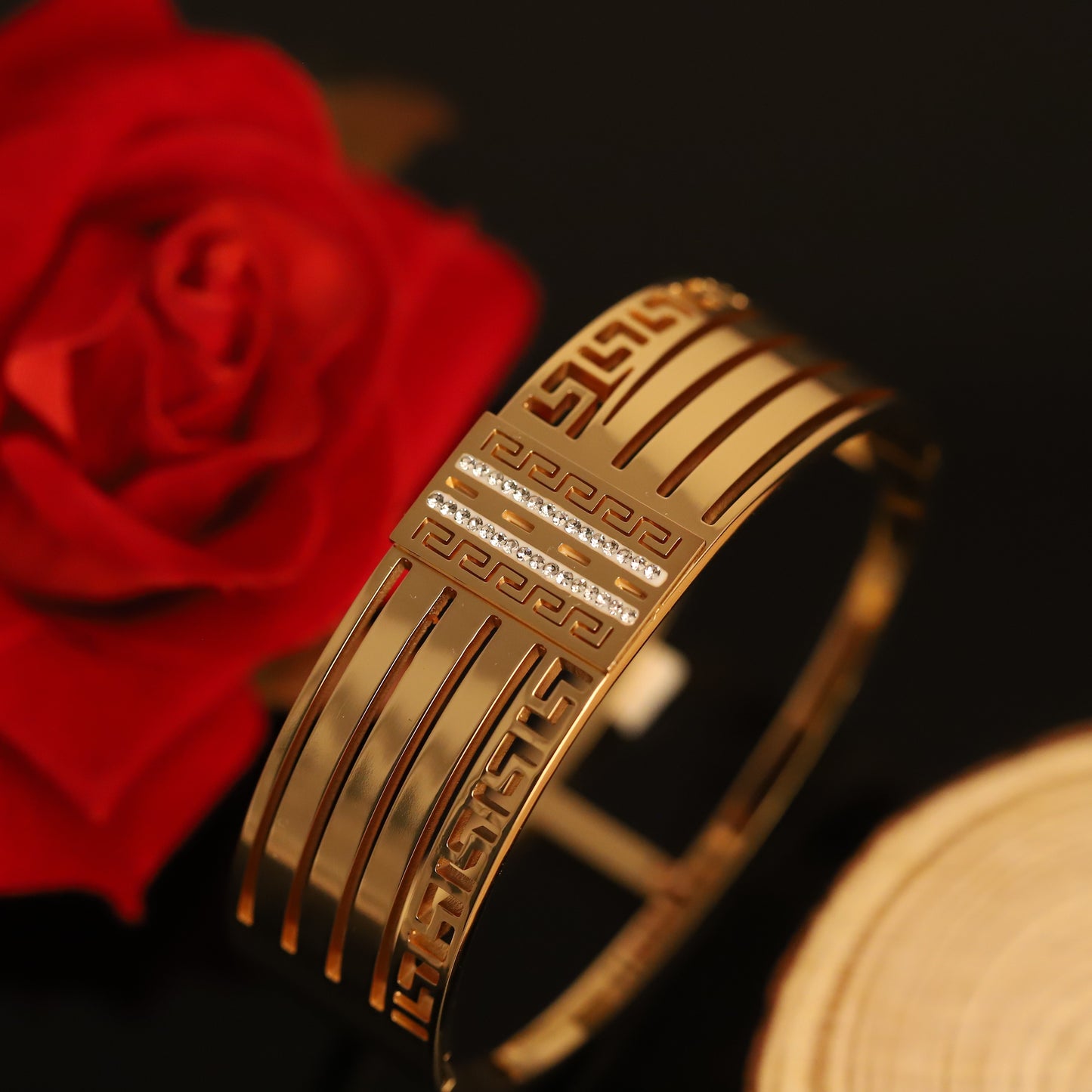 Wide Gold Cuff Bangle with Geometric and Crystal Accents | Statement Bracelet