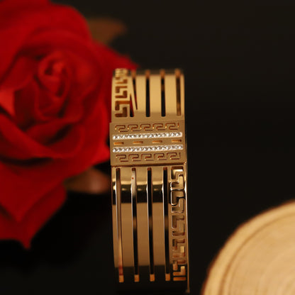 Wide Gold Cuff Bangle with Geometric and Crystal Accents | Statement Bracelet