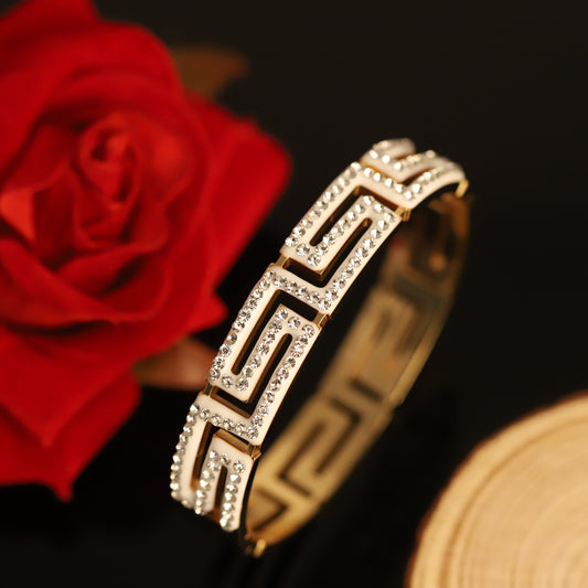 Beautiful White & Gold Geometric Crystal Bangle Bracelet - Elegant Jewelry