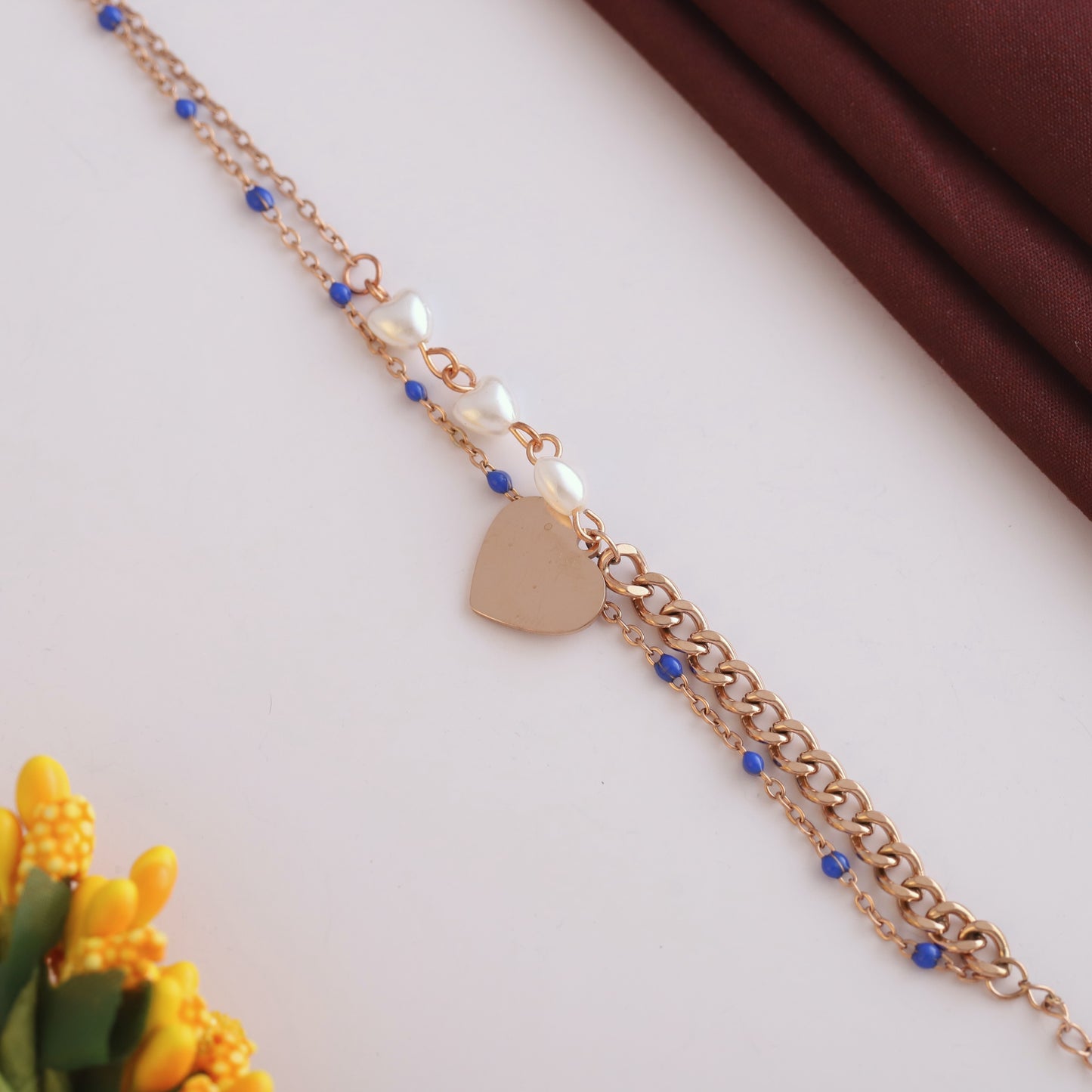 Gold Layered Bracelet with Pearls, Blue Beads & Heart Charm