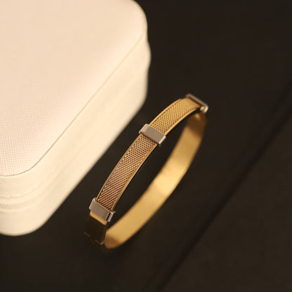 Mesh Inlay Gold Bangle for Men | Modern Textured Stainless Steel Bracelet
