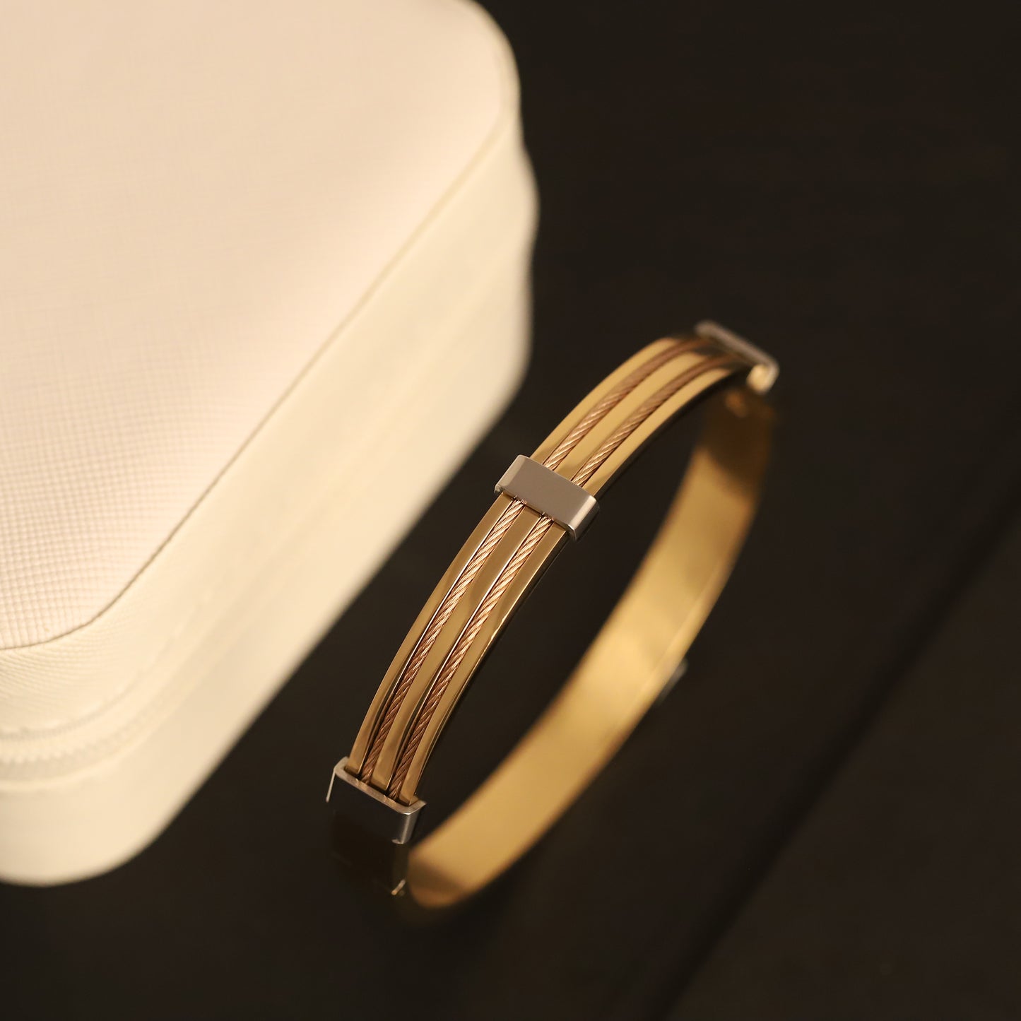 Two-Tone Cable Detail Gold Bangle for Men | Modern Stainless Steel Bracelet