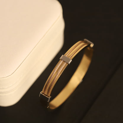Two-Tone Cable Detail Gold Bangle for Men | Modern Stainless Steel Bracelet