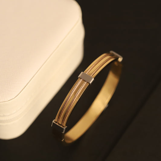Two-Tone Cable Detail Gold Bangle for Men | Modern Stainless Steel Bracelet