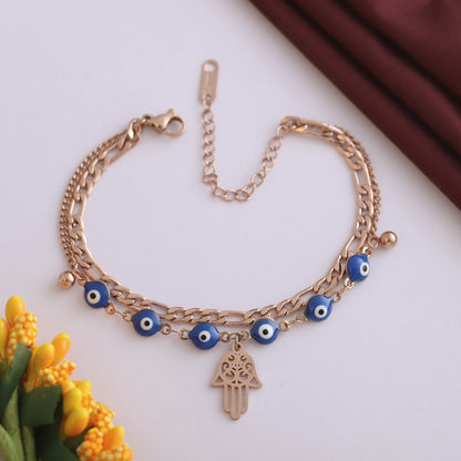 Anti-Tarnish 18K Rose Gold Plated Stainless Steel Chain Bracelet with Evil Eye Charms | Adjustable Length