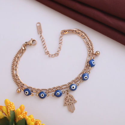 Anti-Tarnish 18K Rose Gold Plated Stainless Steel Chain Bracelet with Evil Eye Charms | Adjustable Length