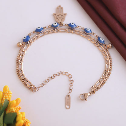 Anti-Tarnish 18K Rose Gold Plated Stainless Steel Chain Bracelet with Evil Eye Charms | Adjustable Length