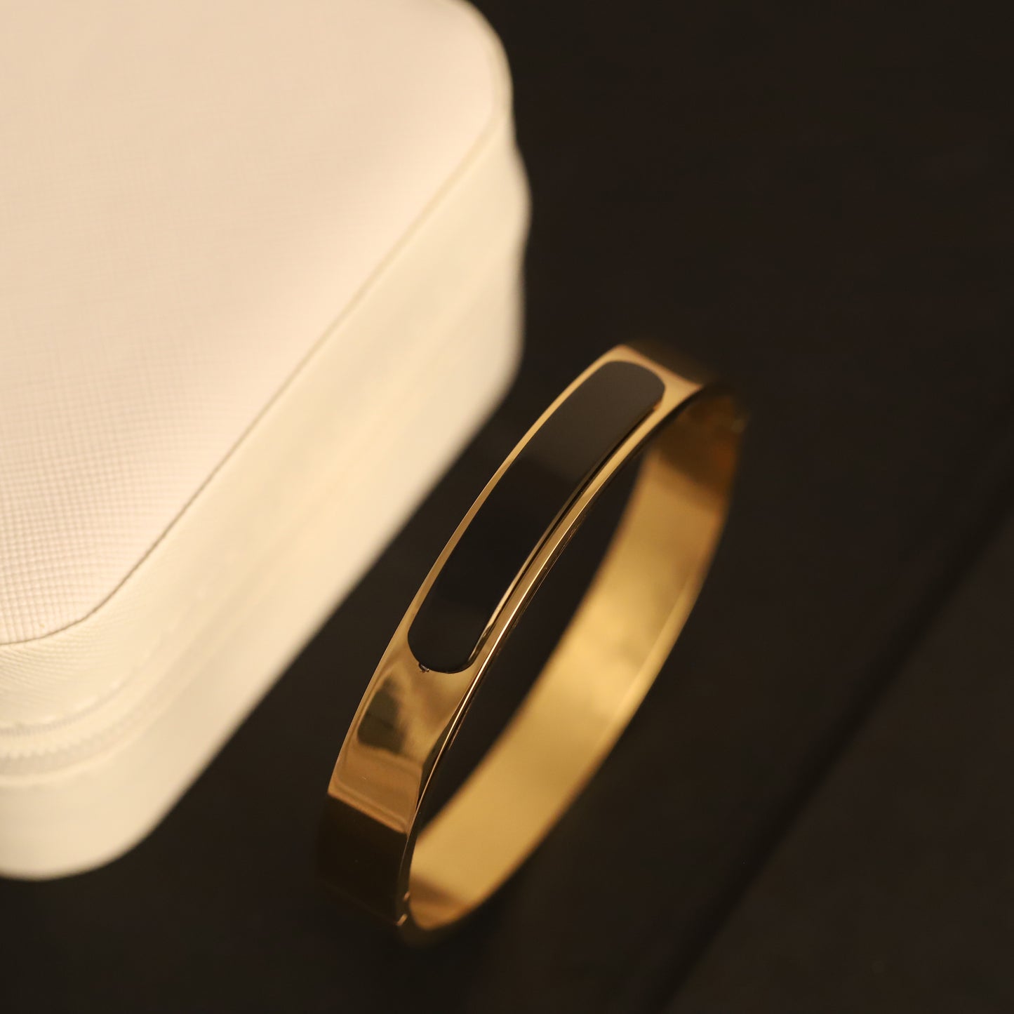 Gold-Tone Bangle with Black Enamel Inlay - Modern, Minimalist Bracelet.
