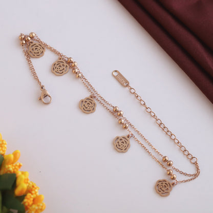 Anti-Tarnish 18K Rose Gold Plated Stainless Steel Chain Bracelet with Flower Charms | Adjustable Length
