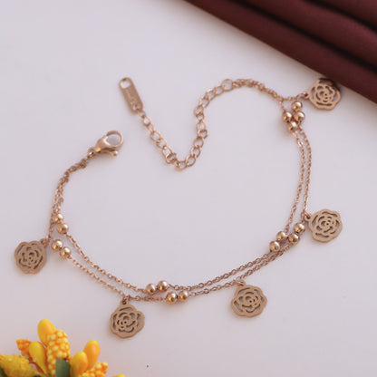Anti-Tarnish 18K Rose Gold Plated Stainless Steel Chain Bracelet with Flower Charms | Adjustable Length