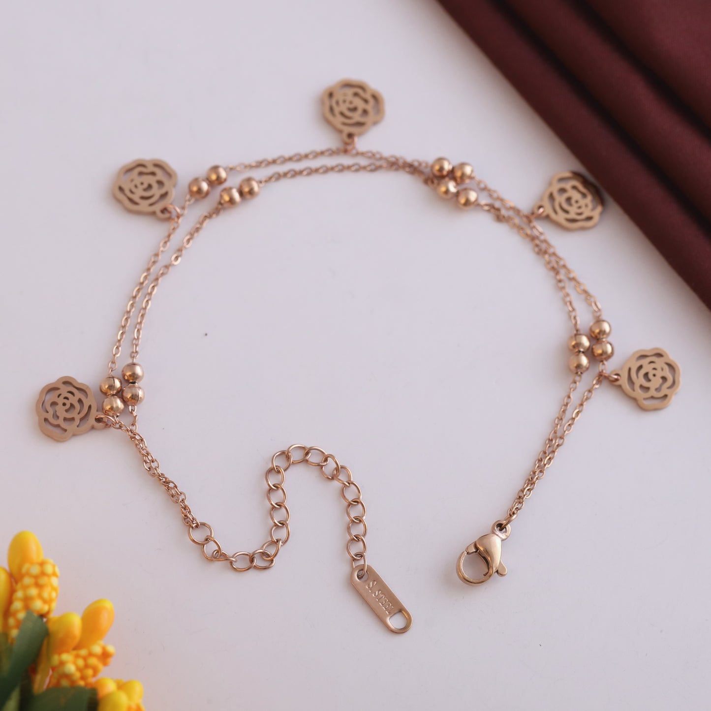 Anti-Tarnish 18K Rose Gold Plated Stainless Steel Chain Bracelet with Flower Charms | Adjustable Length