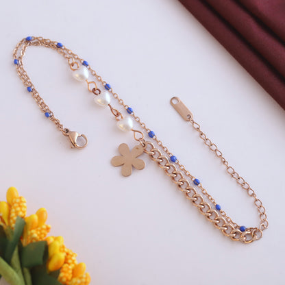 Anti-Tarnish 18K Rose Gold Plated Evil Eye & Pearl Chain Bracelet