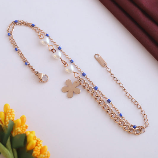 Anti-Tarnish 18K Rose Gold Plated Evil Eye & Pearl Chain Bracelet