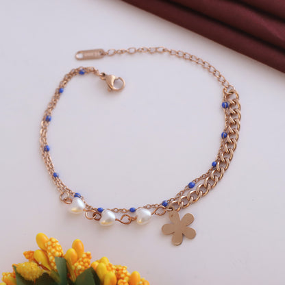 Anti-Tarnish 18K Rose Gold Plated Evil Eye & Pearl Chain Bracelet