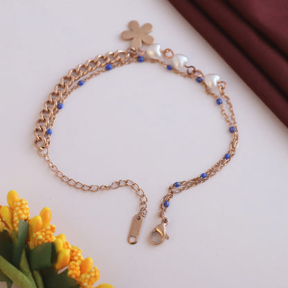 Anti-Tarnish 18K Rose Gold Plated Evil Eye & Pearl Chain Bracelet