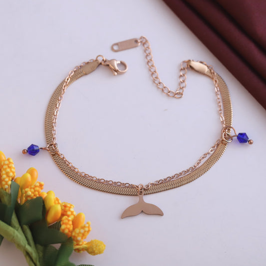 Rose Gold Mermaid Tail & Blue Bead Double Layer Bracelet