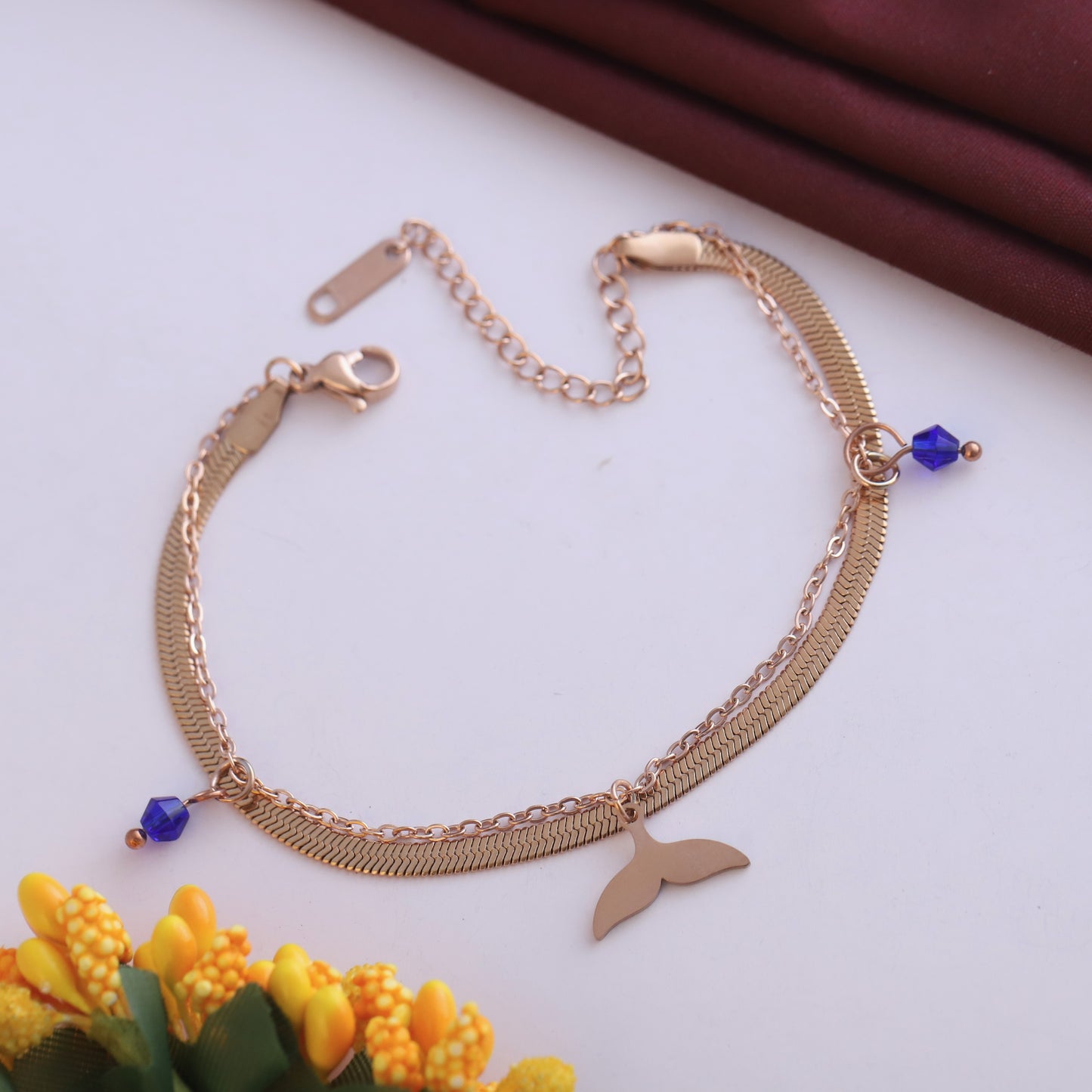 Rose Gold Mermaid Tail & Blue Bead Double Layer Bracelet