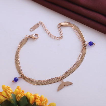 Rose Gold Mermaid Tail & Blue Bead Double Layer Bracelet