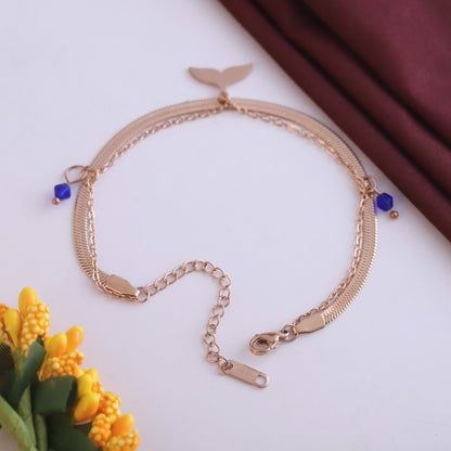 Rose Gold Mermaid Tail & Blue Bead Double Layer Bracelet