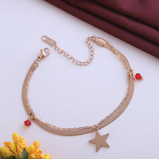 Rose Gold Double Layer Bracelet - Star Charm & Red Bead Dangles