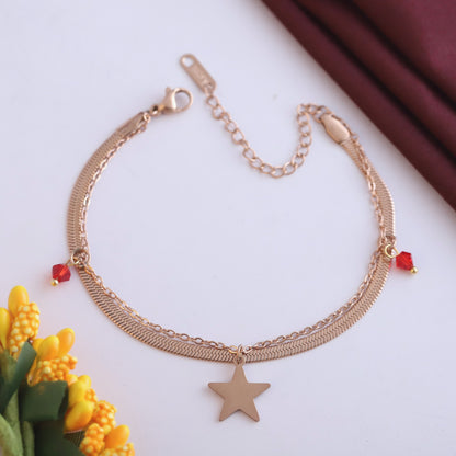 Rose Gold Double Layer Bracelet - Star Charm & Red Bead Dangles