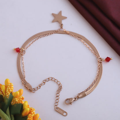 Rose Gold Double Layer Bracelet - Star Charm & Red Bead Dangles