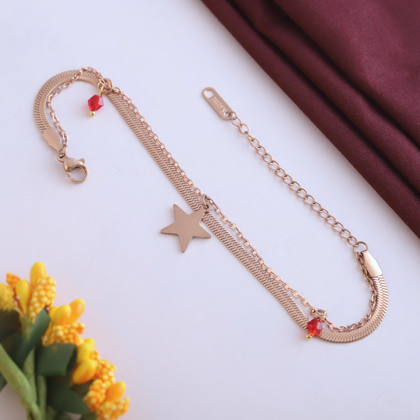 Rose Gold Double Layer Bracelet - Star Charm & Red Bead Dangles