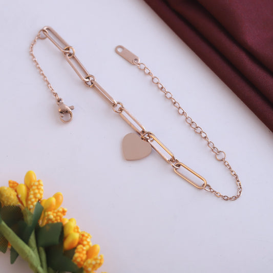 Rose Gold Paperclip Chain Bracelet - Stainless Steel Heart Charm Jewelry