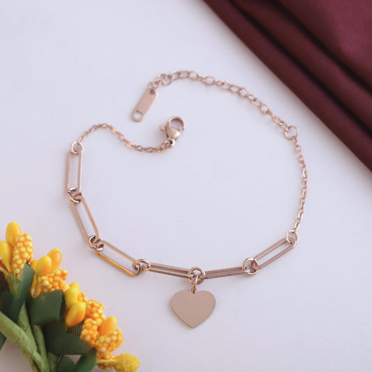 Rose Gold Paperclip Chain Bracelet - Stainless Steel Heart Charm Jewelry