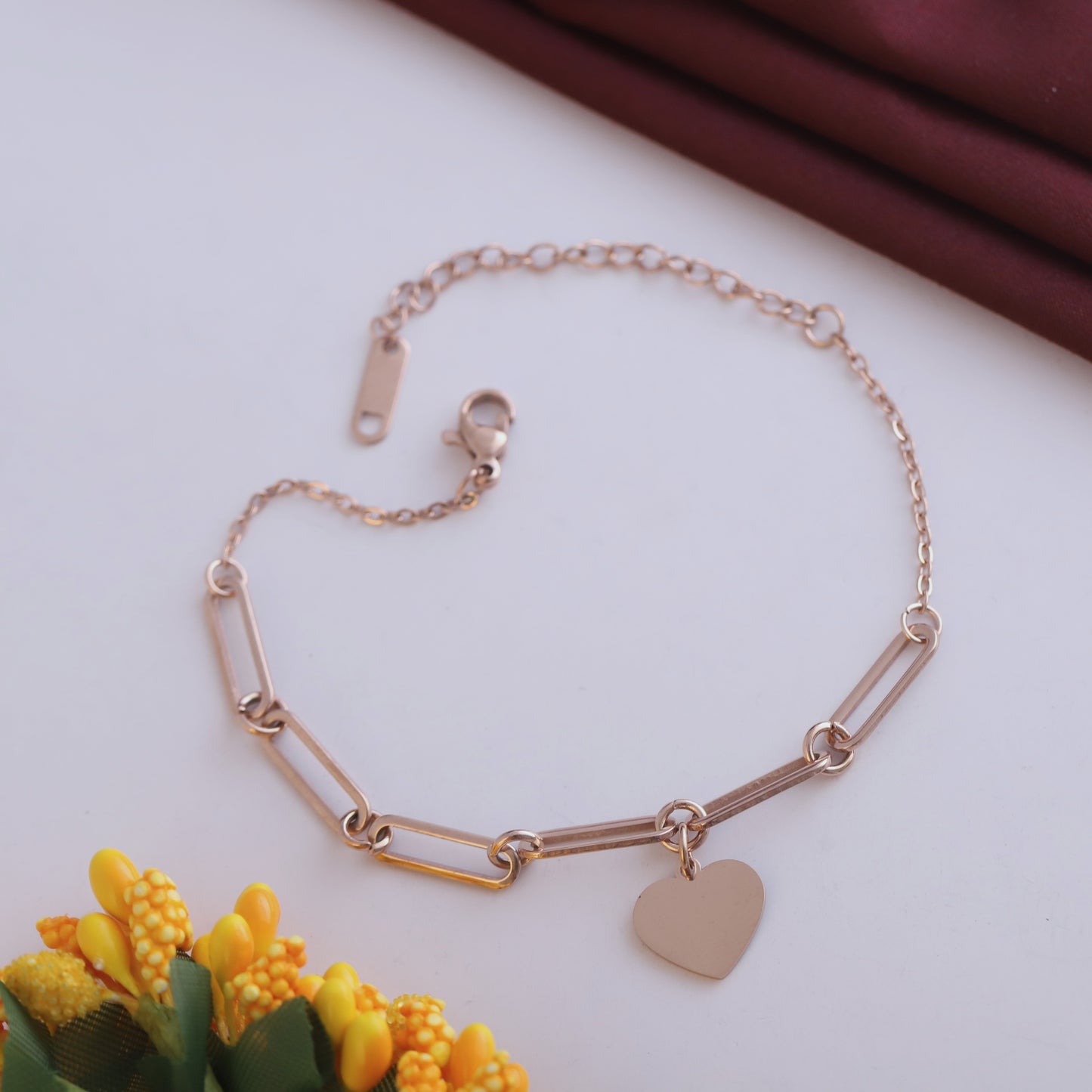 Rose Gold Paperclip Chain Bracelet - Stainless Steel Heart Charm Jewelry