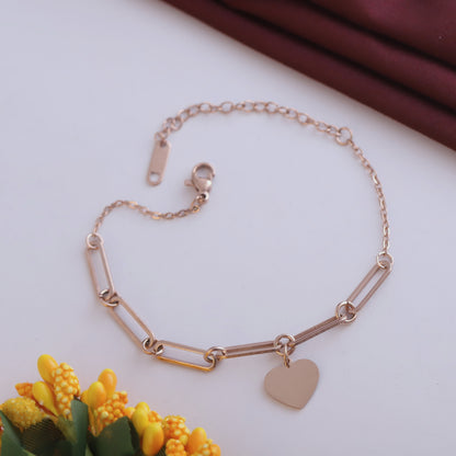 Rose Gold Paperclip Chain Bracelet - Stainless Steel Heart Charm Jewelry