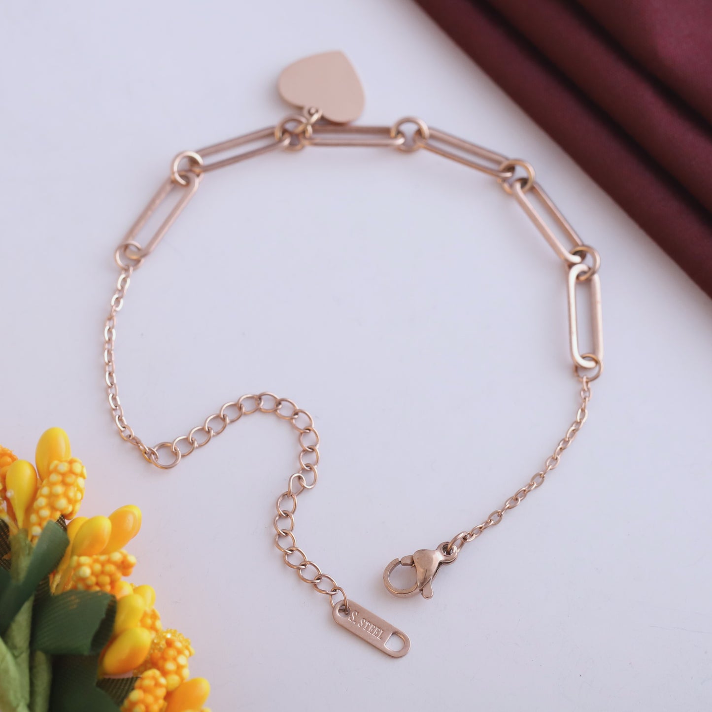 Rose Gold Paperclip Chain Bracelet - Stainless Steel Heart Charm Jewelry